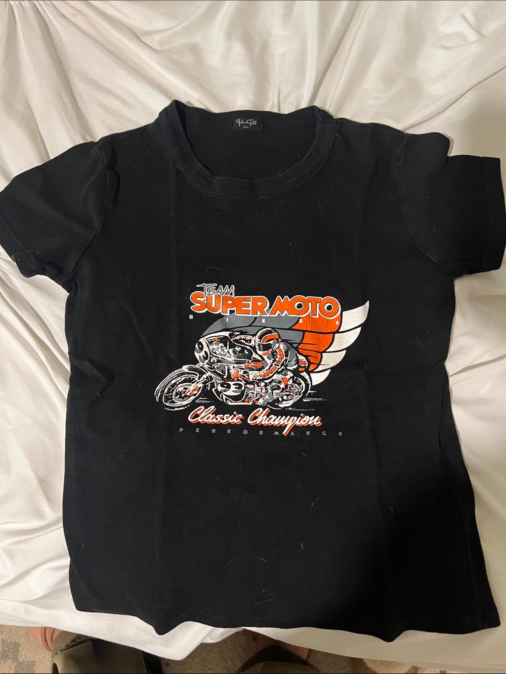 Brandy Melville Black Super Moto Graphic Tee with Orange Accents